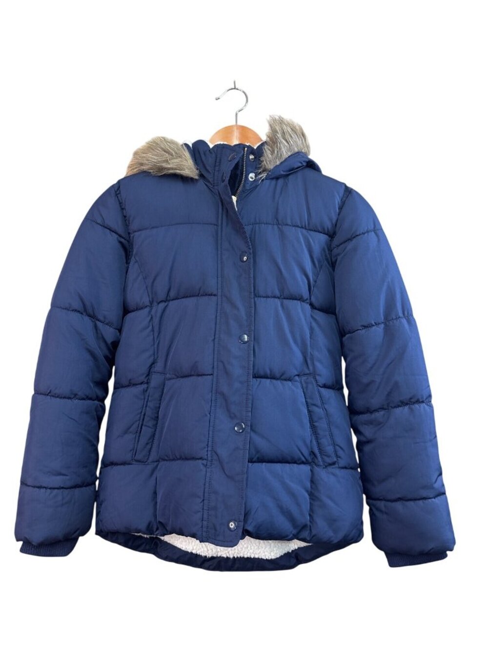 Old Navy girls XL Puffer Jacket With Faux Fur Hood Navy Blue